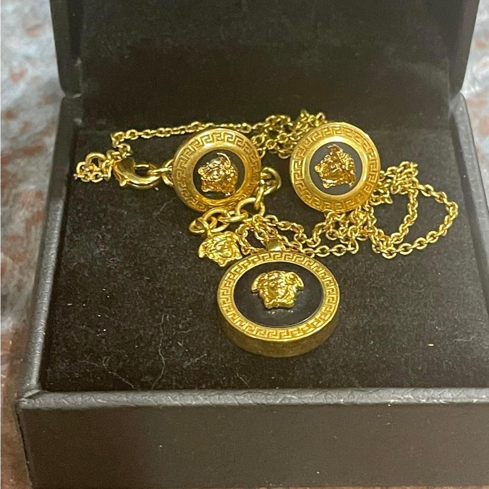 Versace gold tone and enamel round medallion “Medusa” necklace and earri… - Picture 1 of 16